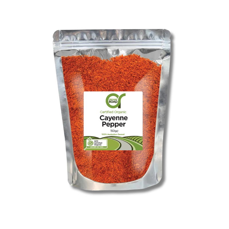 Packaged cayenne pepper with a visible brand label on a white background