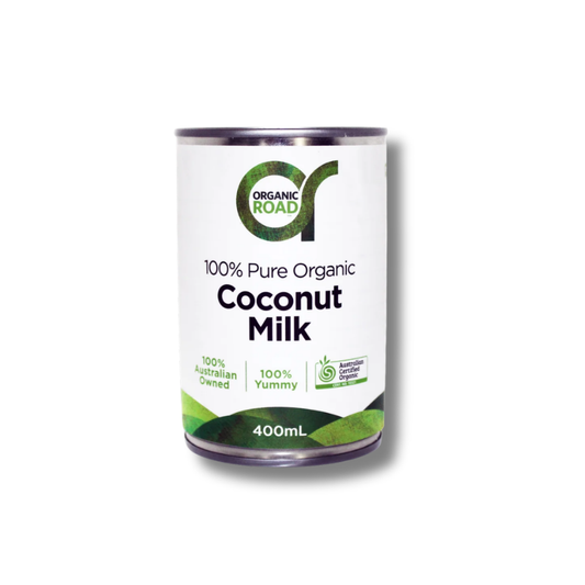Can of Organic Road coconut milk on a white background