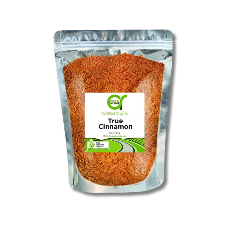 Packaged true cinnamon with a visible brand label on a white background