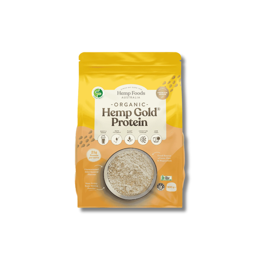 A stand-up pouch of Hemp Gold Protein powder by Hemp Foods Australia, featuring a yellow and orange design with a clear window showing the beige protein powder inside.