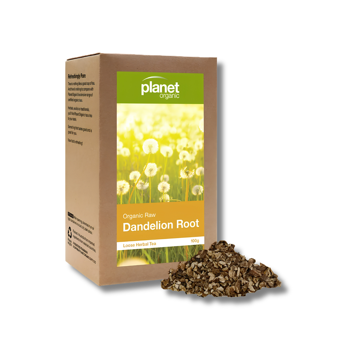 Planet Organic Dandelion Root herbal tea in a brown cardboard box with a green and yellow label, shown next to a small pile of the loose herbal tea on a white background.