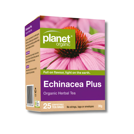 Planet Organic Echinacea Plus Organic Herbal Tea box, 30g, featuring a pink coneflower on the front and purple and beige panels.