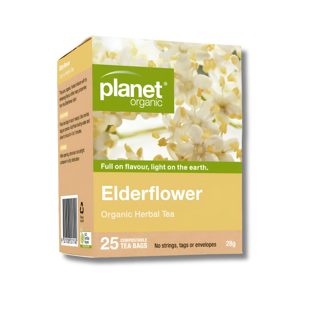 Planet Organic Elderflower Organic Herbal Tea box, 25 tea bags, featuring a design with white elderflower blossoms and green and beige panels.