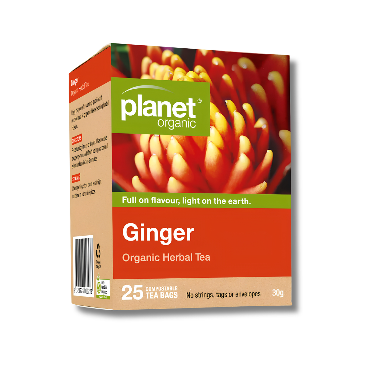 Planet Organic Ginger Herbal Tea box, 30g, featuring a red and orange ginger flower design with a green brand logo banner.