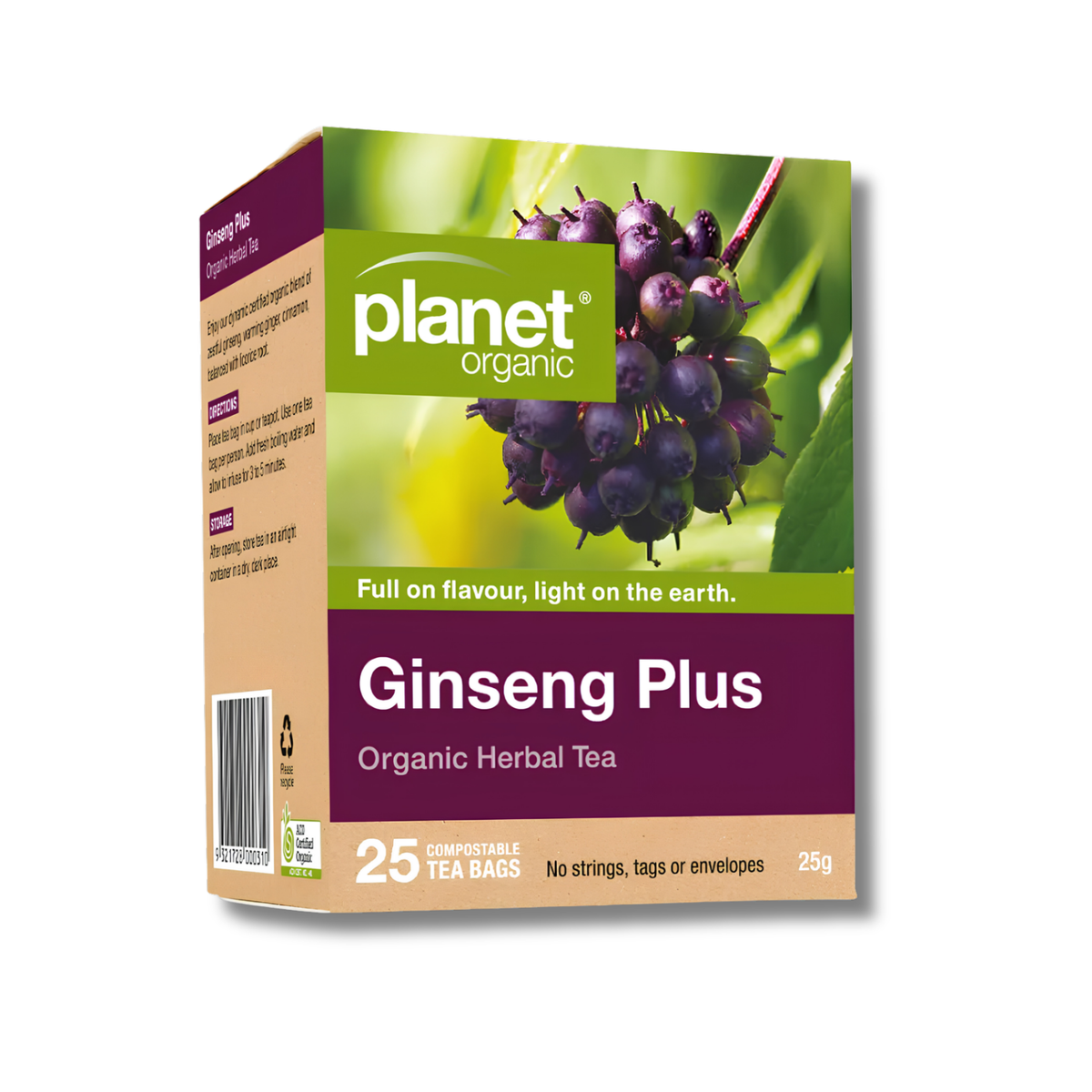 Planet Organic Ginseng Plus Organic Herbal Tea box, 25 tea bags, featuring a green and purple design with an image of dark purple ginseng berries on a white background.