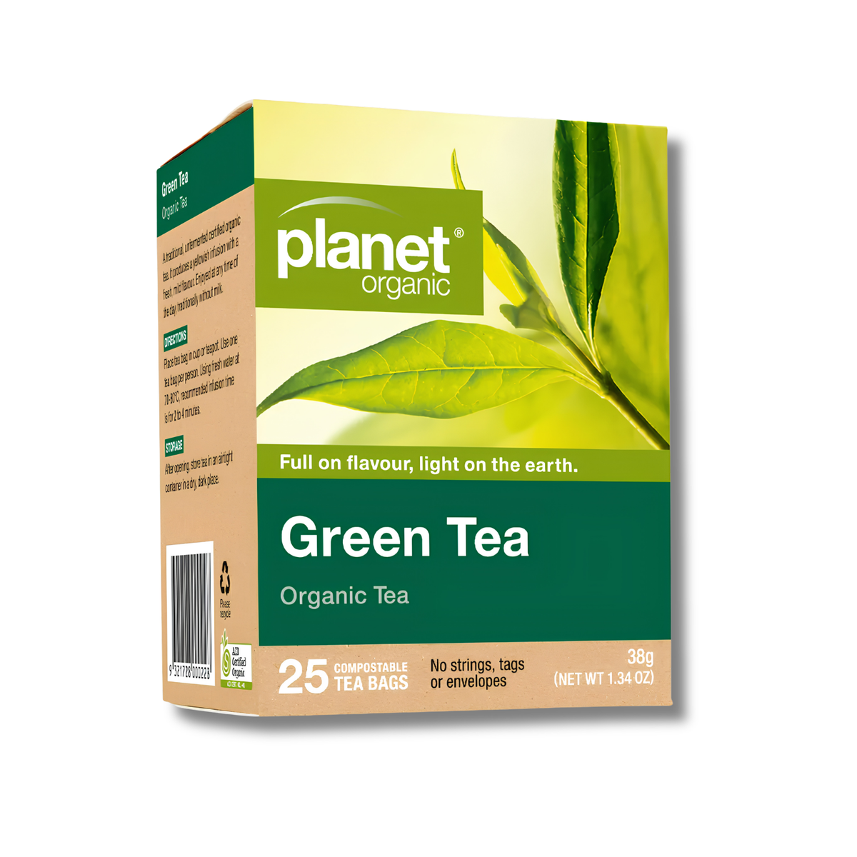 Planet Organic Green Tea tea bag box, 25 count, on a white background.