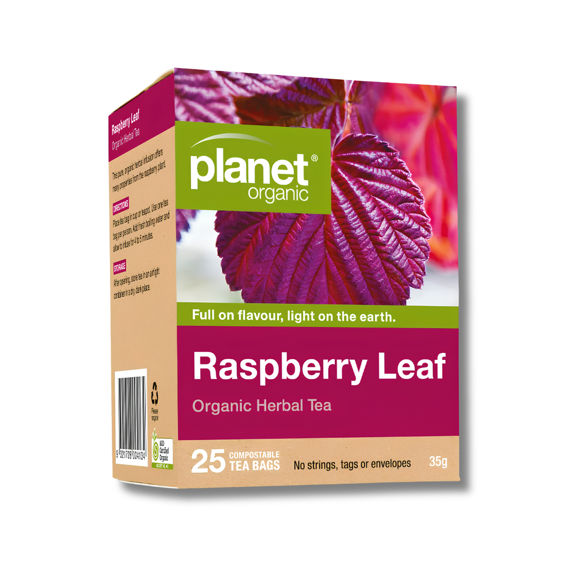 Planet Organic Raspberry Leaf Herbal Tea box, 35g, featuring a vibrant magenta and green design with a close-up of a raspberry leaf.