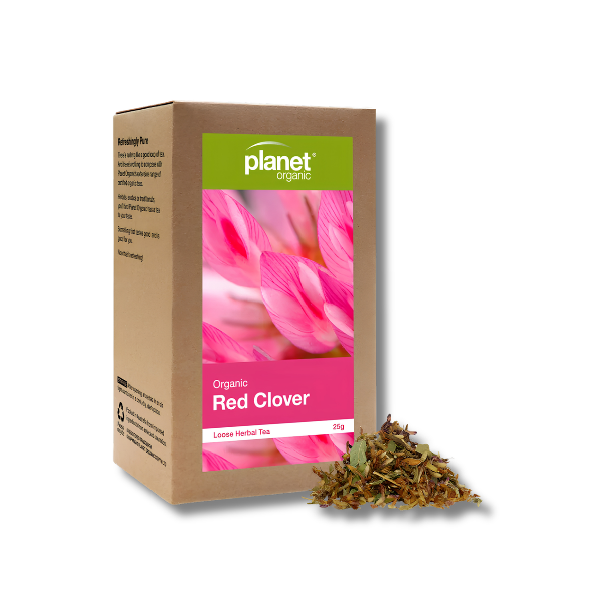Organic Red Clover Tea is a caffeine-free herbal infusion made with 100% certified organic Red Clover, with a mild, earthy flavour and naturally occurring isoflavones.