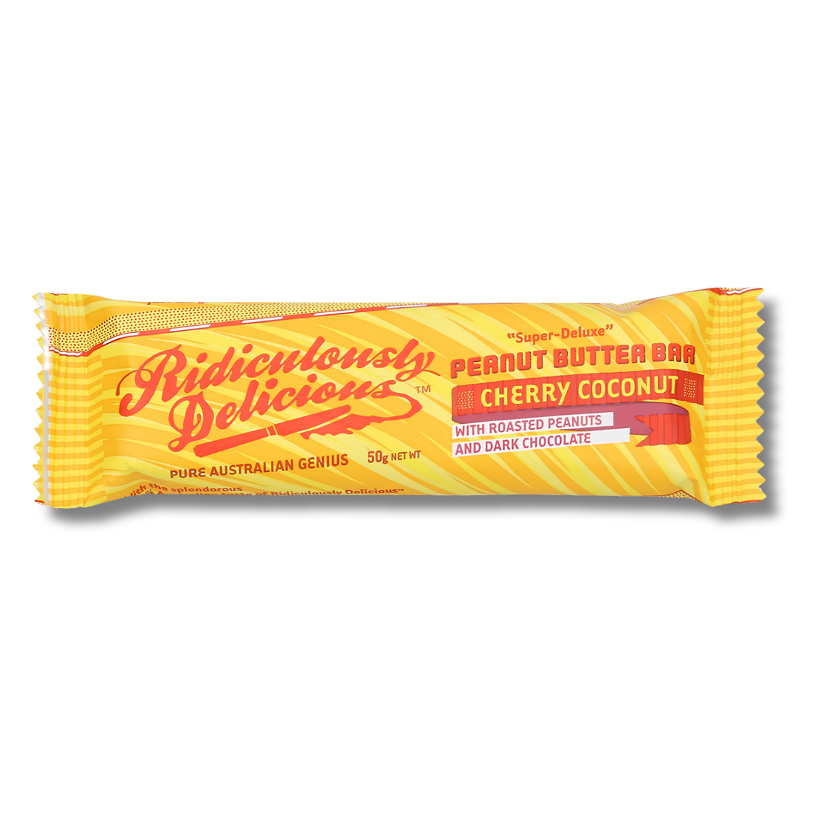 A packaged peanut butter bar wrapped in bright yellow and orange striped foil packaging, labeled 'Ridiculously Delicious' and 'Peanut Butter Bar Cherry Coconut'.