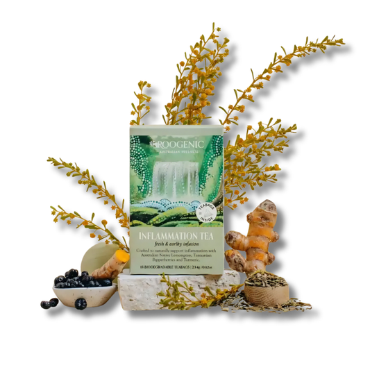 Gyoegenic Inflammation Tea package with natural elements on a white background