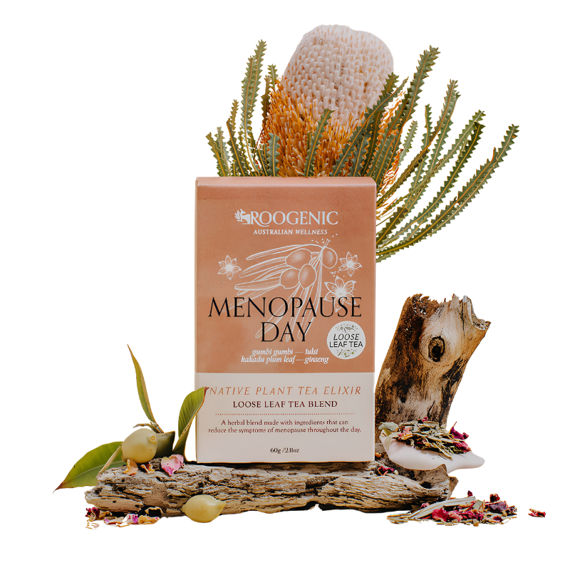 Menopause Day tea packaging with natural elements on a white background