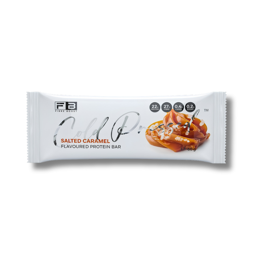 A single PB Foods 'Cold Proof' Salted Caramel Flavourable Protein Bar in its white wrapper, featuring the brand logo, flavor name, nutritional facts, and a caramel dessert graphic on a white background.
