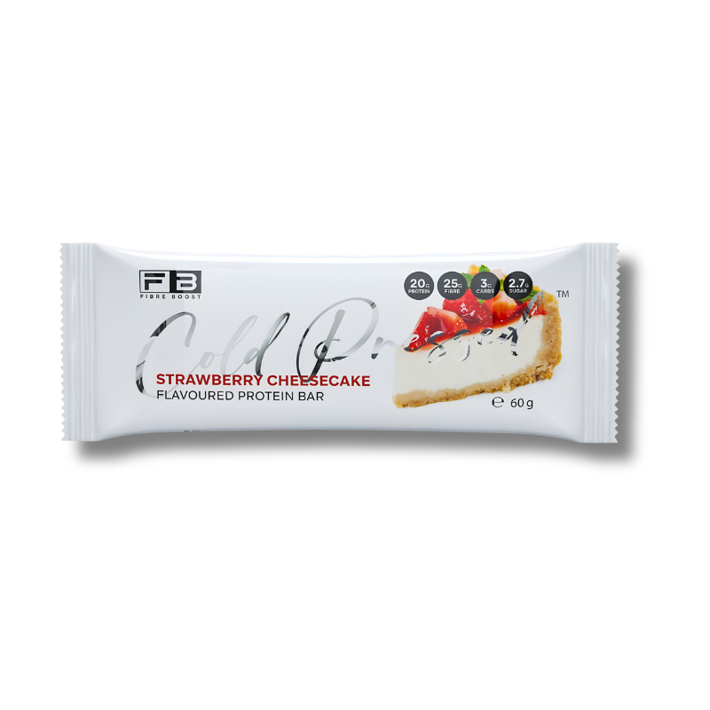 A single FB Fitness Bar protein bar in its white wrapper, featuring the flavor 'Strawberry Cheesecake' and an illustration of a strawberry cheesecake slice on the right side.