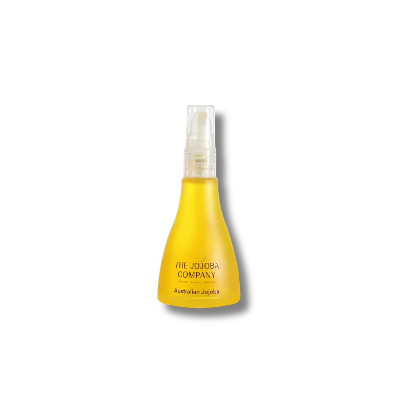 A yellow bottle of Australian Jojoba oil by The Jojoba Company with a clear spray nozzle, centered on a white background with a soft shadow.
