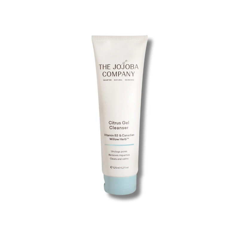 A white squeeze tube of The Jojoba Company Citrus Gel Cleanser with a light blue cap, shown on a clean white background.