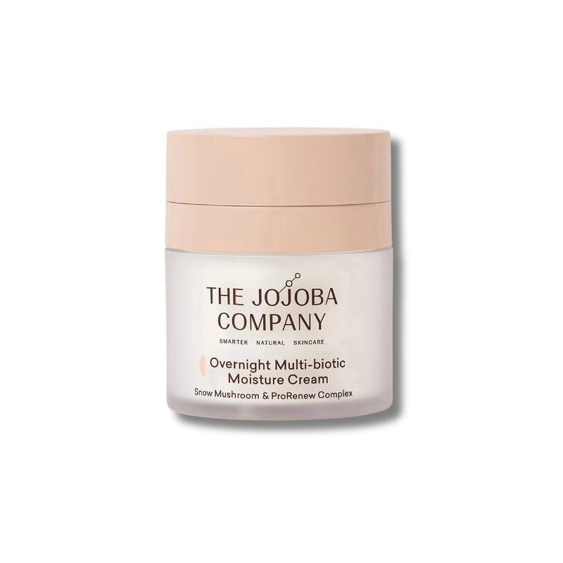 A jar of The Jojoba Company Overnight Multi-biotic Moisture Cream on a clean white background.