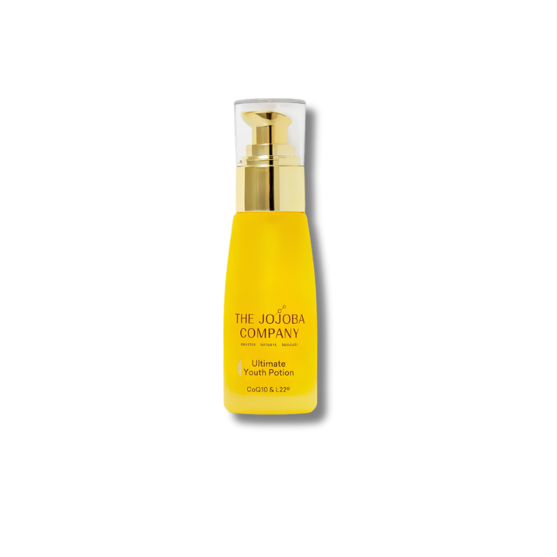 A yellow cosmetic bottle with a gold pump and clear cap from The Jojoba Company, labeled 'Ultimate Youth Potion', centered on a white background.