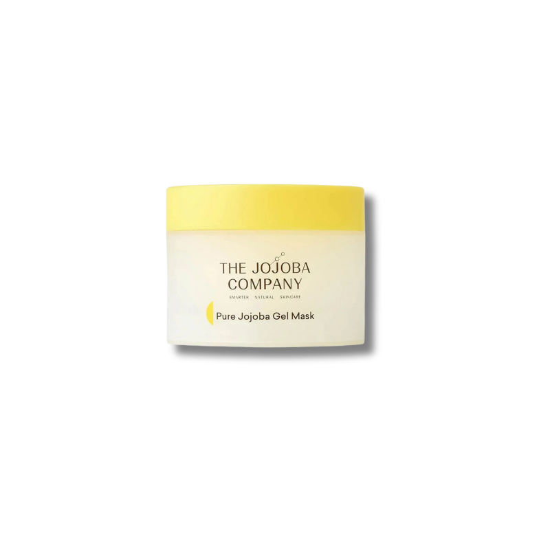 A jar of The Jojoba Company Pure Jojoba Gel Mask on a white background. The container is white with a bright yellow lid and features the brand name and product name printed in black.