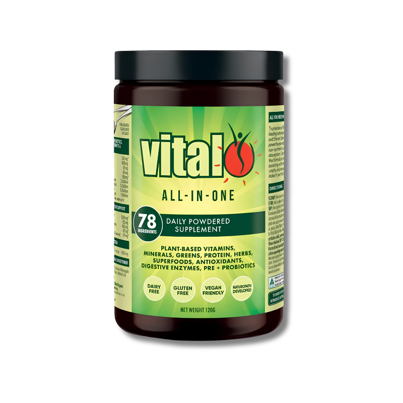 Jar of 'vital all-in-one' daily powdered supplement on a white background