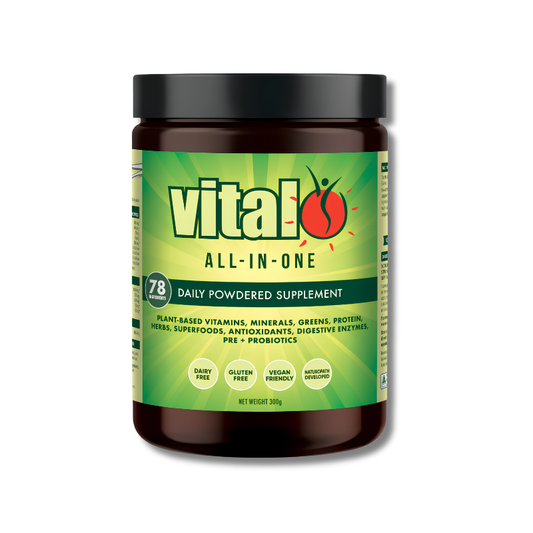 Vital All-In-One daily powdered supplement container on a white background