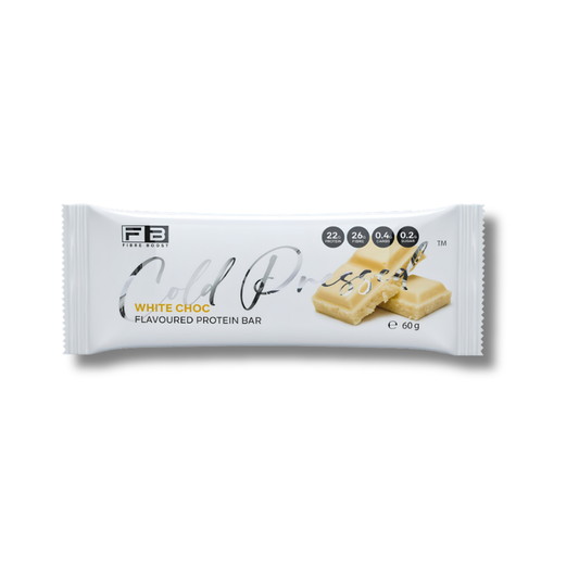 A single FB Fitness Cold Proof white chocolate flavoured protein bar in its white wrapper, featuring a graphic of white chocolate pieces and nutritional badges, on a white background.