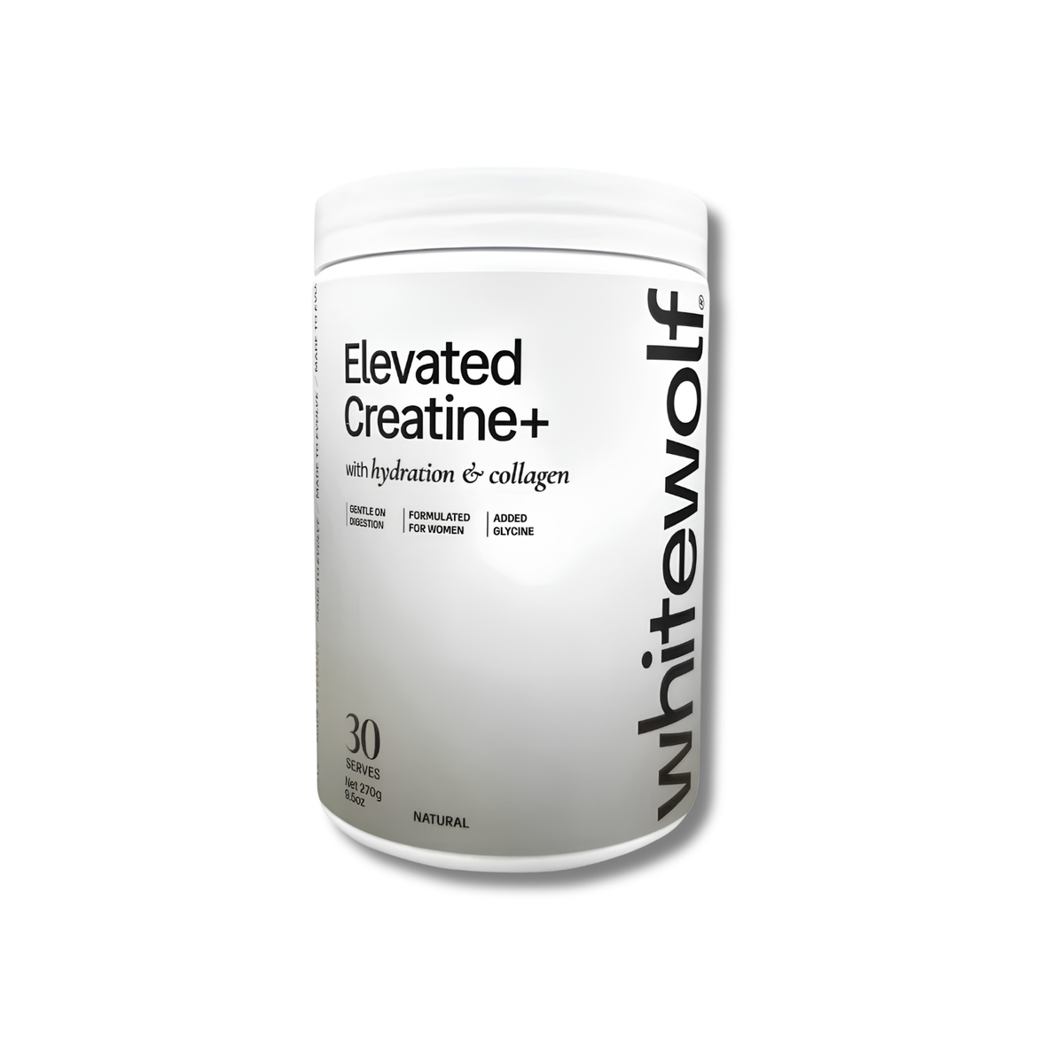 A white plastic tub of Whitewolf Elevated Creatine+ supplement powder, featuring a clean white label with black text, set against a plain white background.