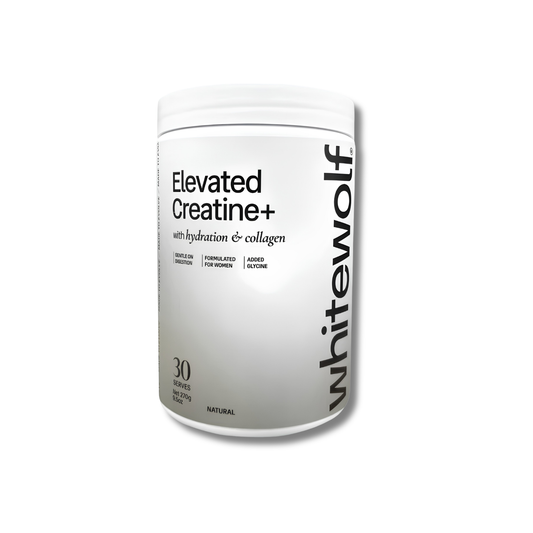 A white plastic tub of Whitewolf Elevated Creatine+ supplement powder, featuring a clean white label with black text, set against a plain white background.