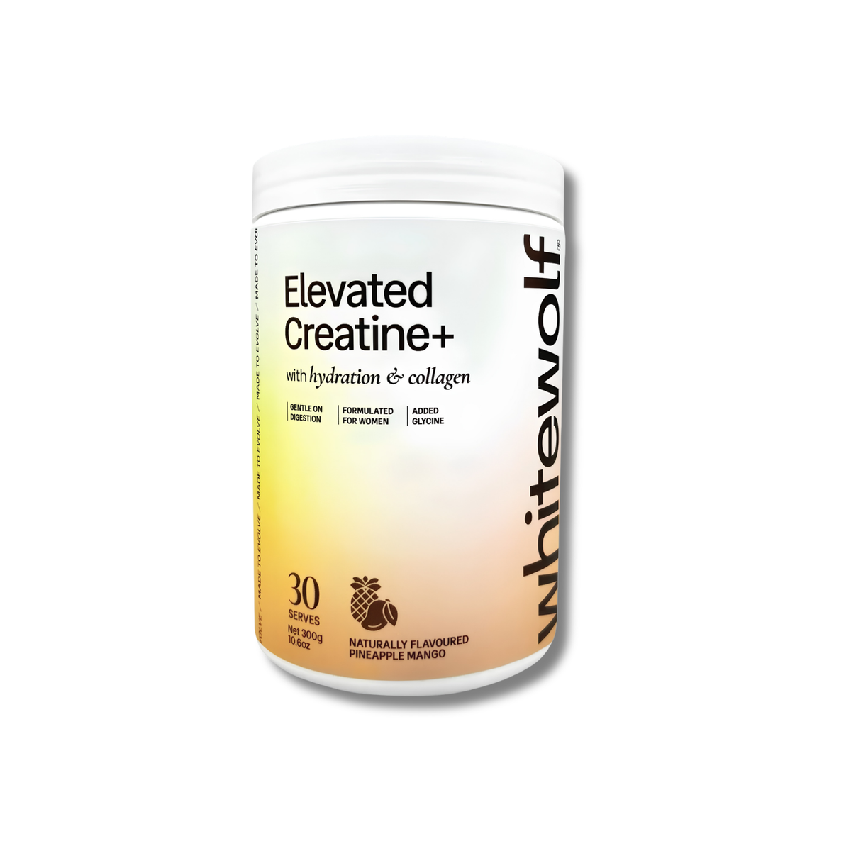 A white plastic tub of Whitewolf Elevated Creatine+ dietary supplement with a yellow-to-orange gradient label, shown on a clean white background.