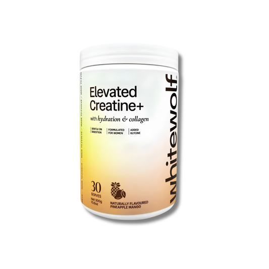 A white plastic tub of Whitewolf Elevated Creatine+ dietary supplement with a yellow-to-orange gradient label, shown on a clean white background.