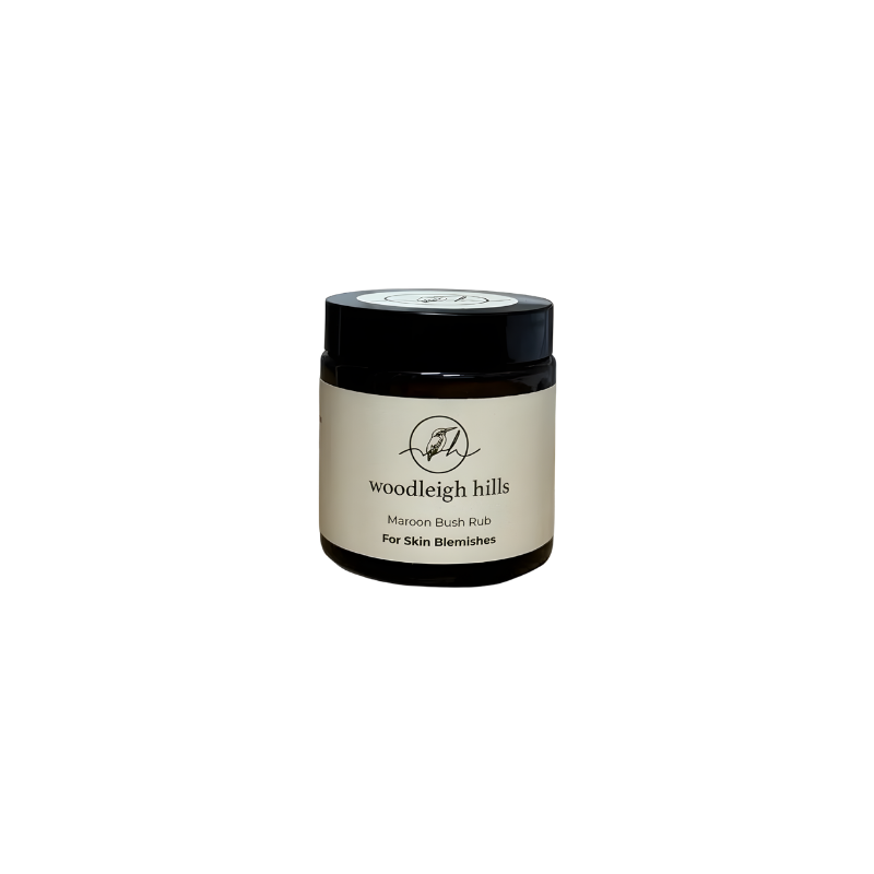Jar of woodleigh hills marion bush rub on a white background