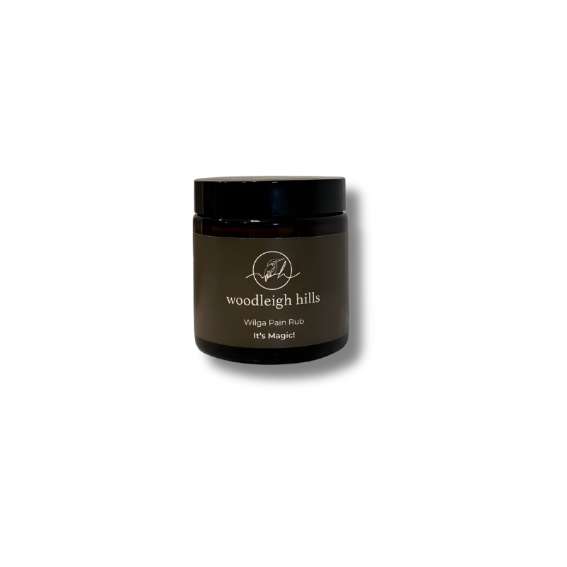 Jar of woodleigh hills willga pain rub on a white background