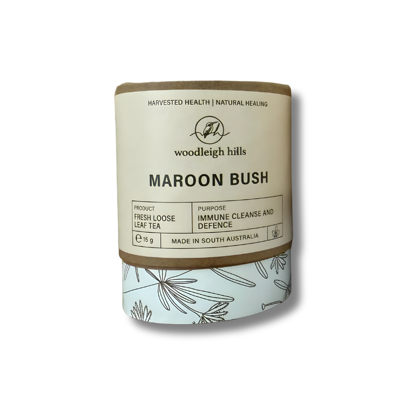 Maroon Bush tea package with 'woodleigh hills' branding on a white background