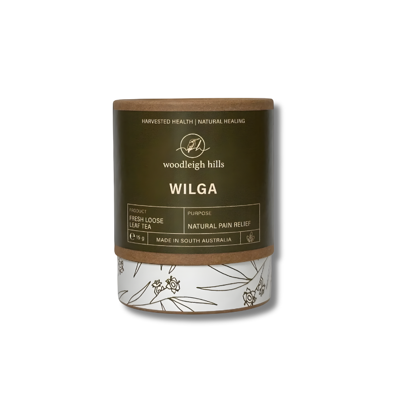 Tea packaging with 'woodleigh hills' branding on a white background